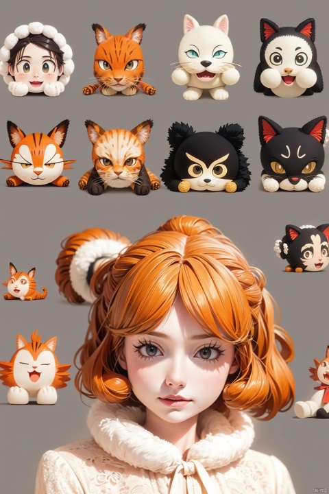 Cotton, close-up, dark color, dramatic contrast, cute orange cat, Garfield, anthropomorphic design, exaggerated, rich expressions, bright expressions, 3D plush style, plush style, blue-grey background