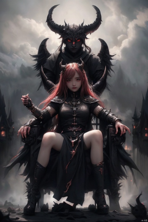  Imagine a scene where the demons, having conquered heaven, now sit upon thrones of bone and flesh, ruling over their new domain with an iron fist. The colors are dark and oppressive, with the once bright and vibrant landscape of heaven now twisted and corrupted by demonic influence.