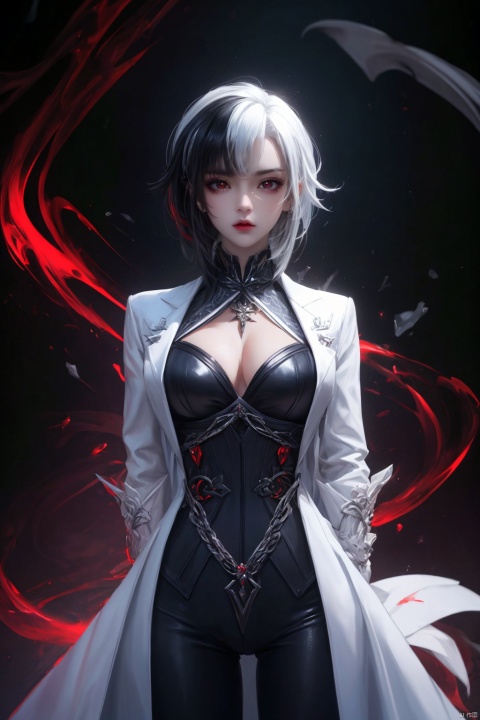  (masterpiece, best quality, best shadow,official art, correct body proportions, Ultra High Definition Picture,master composition),(bust:1.4), (light),
//////
1girl, solo, breasts, looking at viewer, bangs, simple background, black hair, red eyes, gloves, long sleeves, hair between eyes, jewelry, upper body, white hair, multicolored hair, parted lips, teeth, black gloves, black eyes, two-tone hair, lips, streaked hair, coat, symbol-shaped pupils, ring, white coat, red pupils, x-shaped pupils, (hands behind back: 1.6),
//////
(dark background), light, 
//////
1girl, cute girl, Metal_wing, 1girl, seductive eyes