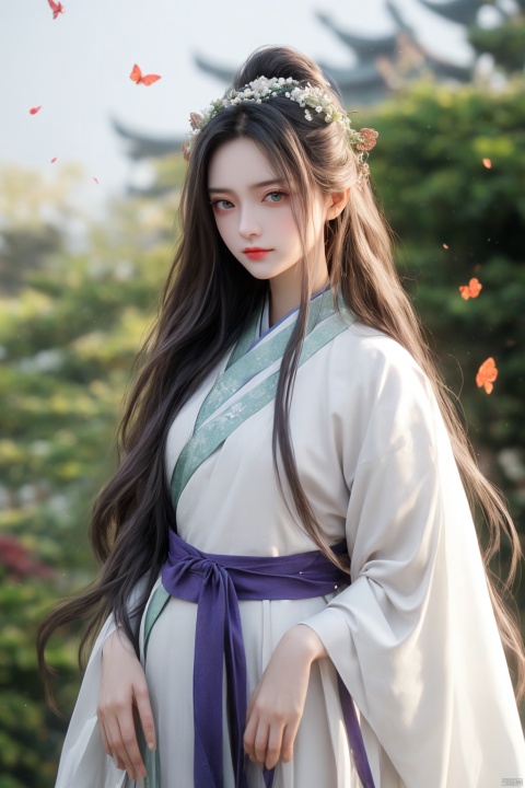  1 girl, solo, long white hair, shiny green eyes, detailed eyes, blink and youll miss it detail, silk hanfu, white robe hanfu, purple glittering butterflies, outdoors, flower garden, high quality, ancient chinese hanfu, floral background, very detailed, ((poakl)), FeiNiao, 1girl,birds