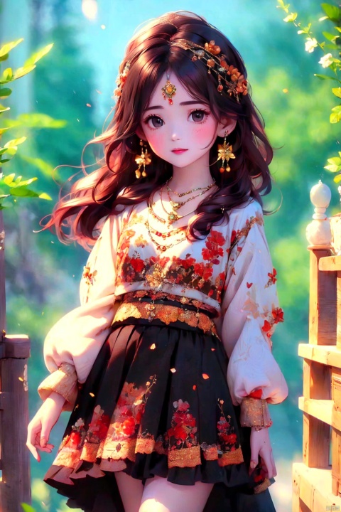  best quality,(masterpiece:1.3),ultra-detailed,solo:1.3,1GIRL,brown hair, brown eyes, necklace, earrings, jewelry, eluosi, Gauze Skirt