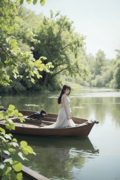  capture a serene early spring scene on a misty lake with a girl in a white dress on a wooden boat. trees with fresh green buds line the shore. above, a pair of swallows fly among young willow branches. the atmosphere is calm and expectant, signaling the awakening of nature, gf, ycbh