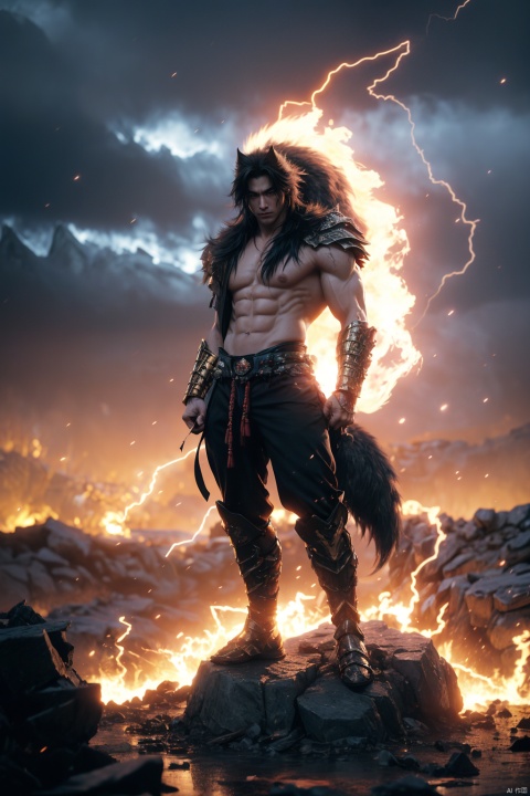 (Unreal Engine 9) (live action Hollywood 5D cinematic style) (red boss Orochi wolf) (yellow eyes) (ultra realistic background of destroyed Japan) (standing on a rock, blood hurricane) (muscular sexy) (digital art) (official art by terabruno) (black wings open),(golden armor of star),