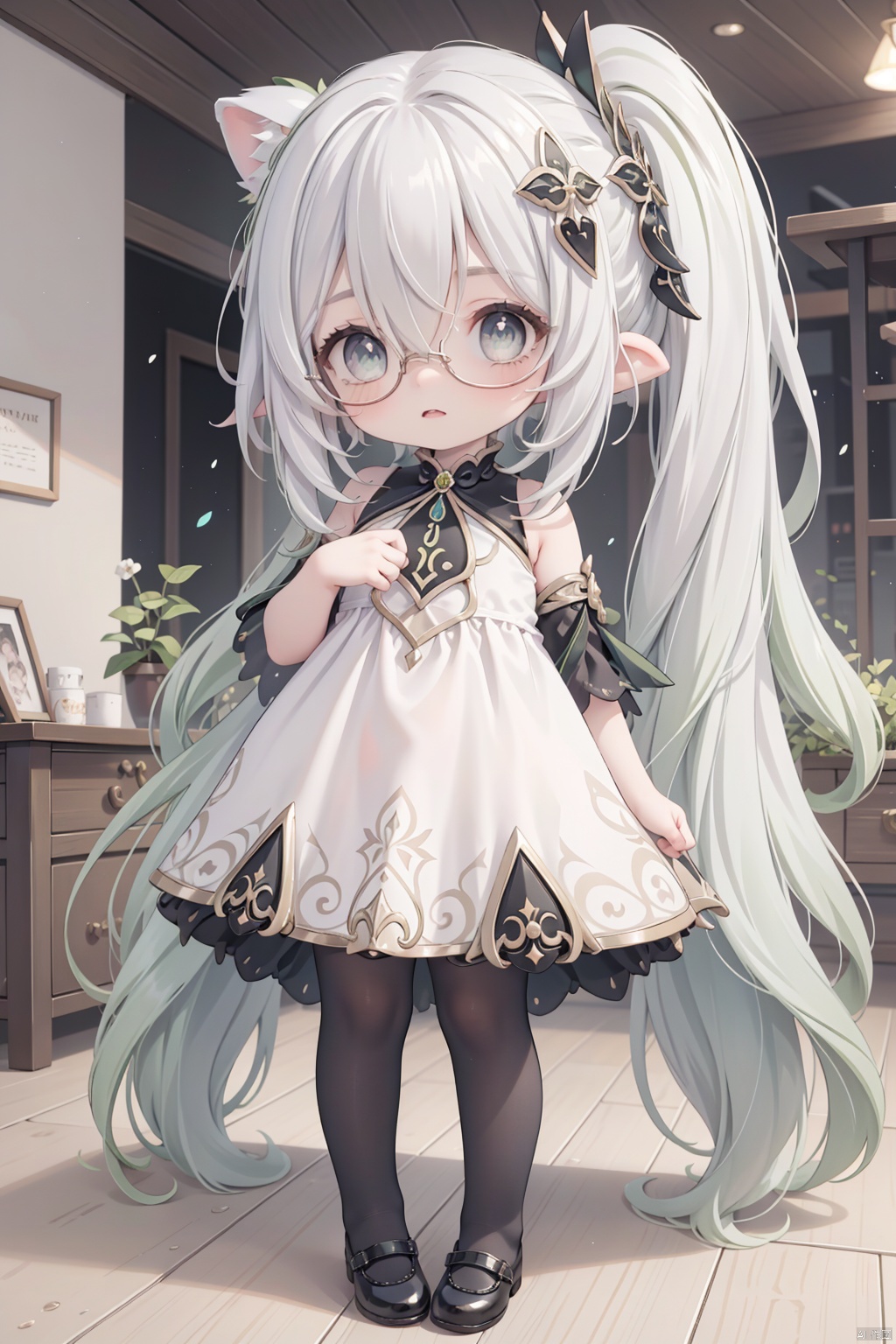  (very long hair:1.53),(bangs:1.83),(hair over one eyes:1.83),(multicolored hair:1.53),white hair,light brown hair,(glasses:1.35),(Rich details, gorgeous patterns, perfect figure, finely detailed beautiful eyes and detailed face, perfect anatomy,perfect hands,pretty face),1girl,fox girl,fox ears,blue eyes,solo,looking at viewer,black kimono,short sleeves,black footwear,black pantyhose,shoes,checkered floor,(stand:1.35),