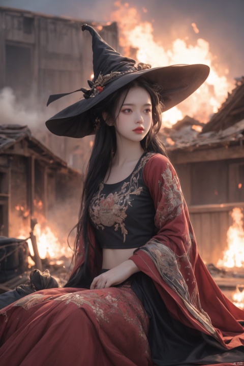 extremely detailed CG unity wallpaper,masterpiece,best quality,
illustration,cinematic angle,lanky figure. 1girl,detailed clothes,detailedface,silver long hair,floating hair beautiful agua eves,witch hat with wide,
brim,crop top,flame in hand,beautiful detailed fire at background,flowing red fire,Ruined Buildings,Ruined City,Floating ashes,explosion,cloudy,smoke of gunpowder,
