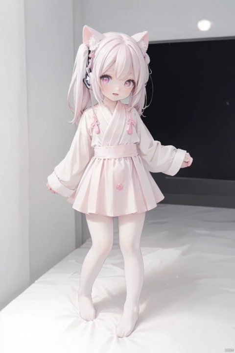 best quality,masterpiece,realistic,gigantic breasts,irl,Natural skin,,alicedef,twintails,very long hair,grey hair,fake animal ears,headset,pink eyes,pink bodysuit,shrug \(clothing\),multicolored gloves,latex,v,hand on hip,wide hips,large breasts,smile,open mouth,one eye closed