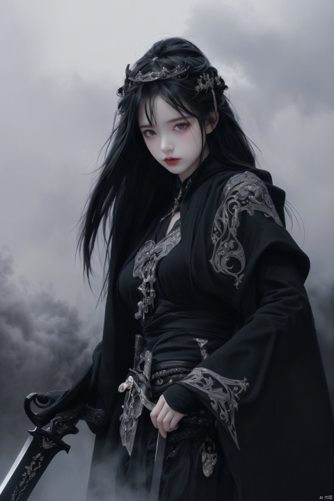 ((best quality)), ((masterpiece)), ((ultra-detailed)), (illustration), (detailed light), (an extremely delicate and beautiful),((a beautiful girl:1.35)),((cowboy shot)),standding,
1girl,long white hair,Silver Eyes,((dark:1.3) fog adorns aroundl detailed Grey cloak)
(she carry
(black_(fog:1.1) embedded in the (black:1.1) Heavy Sword:1.3),
Negative space,background detailed, peeing