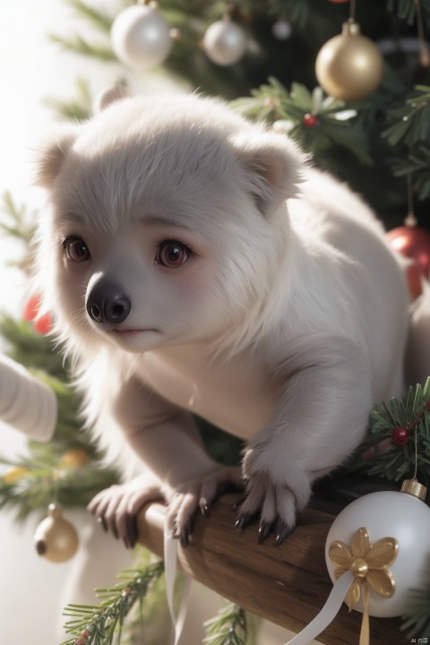 koala bear climing a Christmas tree, extreme detail, great realism, Miki Asai Macro photography, close-up, hyper detailed, trending on artstation, sharp focus, studio photo, intricate details, highly detailed, THM style