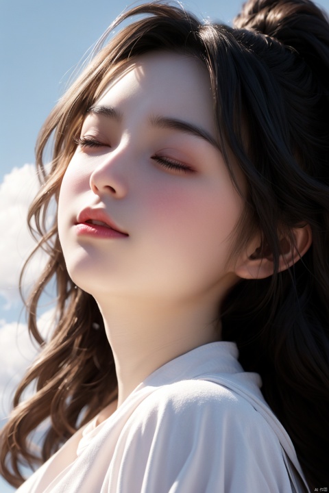  1 girl, European and American face, 70 degree face, looking up ,eyes closed,0.03, revealing ears, brown hair,, white short sleeved shirt,, blue sky background,light cloud, Purity Portait,（smile：0.2）