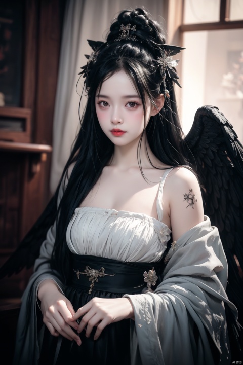 dark_style,blood,wings,death,halo,angel,straitjacket,long hair,1girl,angel wings,corpse,blood on clothes,monitor,bound,blue hair,indoors,intravenous drip,barefoot,paper,keyboard (computer),dress,feathered wings,solo focus,multiple boys,wavy hair,blood stain,very long hair,wet plate photography,(vintage process):1.2,hauntingly beautiful,timeless quality,textured surface,ethereal atmosphere,historic charm,