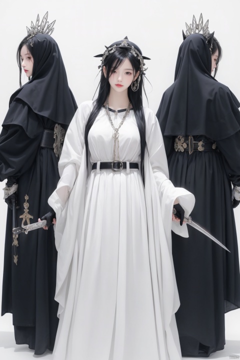 Angels,halos,wings,discolored wings1girl,solo,chain,white background,gloves,holding,simple background,black gloves,breasts,nun,full body,belt,jewelry,pouch,earrings,habit,standing,weapon,long sleeves,holding weapon,black hair,hair over one eye,