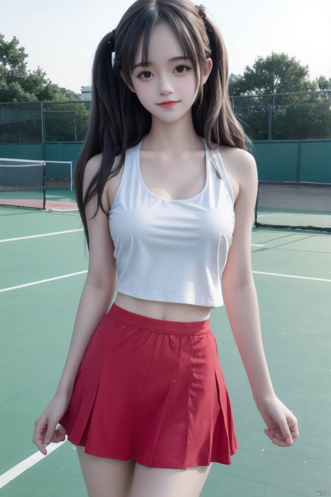  realisticlying、17 years old girl、The view from the buttocks shows through、Big butt sticking out pose、Thigh emphasis、Long wavy hair、Tennis player、Red Super Fit Tennis Wear、Please wear a tennis skirt、Breasts enlarged、A sexy、Smile、Sexy pose on tennis court at sunset