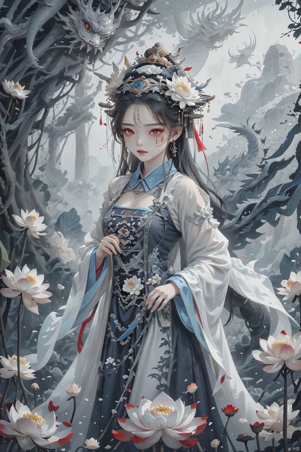  ((masterpiece)),((best quality)),8k,high detailed,ultra-detailed,upper body,((huangfu paper)),1girl,jiangshigirl costume,huangfu,(blood-red eyes)),painted face,with glowing eyes,floats above a field of lotus flowers. The surreal scene blends elements of traditional folklore with a fantastical dreamscape,creating an otherworldly and serene ambiance. ((floating:1.2)),(dreamlike),(lotus field),Unreal Engine rendering,exploring the intersection of dreams and the supernatural, qiuyinong, drakan_longdress_dragon crown_headdress, qzcnhorror