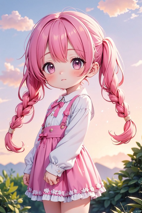vibrant colors, female, masterpiece, sharp focus, best quality, depth of field, cinematic lighting, long hair, pink hair, twin tail, pink eyes, pink outfit, landscape, sunset, pink sky, town