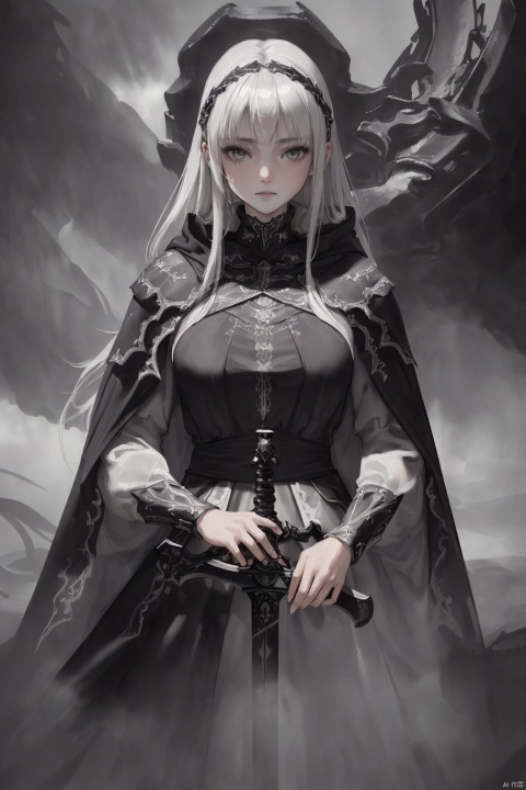 ((best quality)), ((masterpiece)), ((ultra-detailed)), (illustration), (detailed light), (an extremely delicate and beautiful),((a beautiful girl:1.35)),((cowboy shot)),standding,
1girl,long white hair,Silver Eyes,((dark:1.3) fog adorns aroundl detailed Grey cloak)
(she carry
(black_(fog:1.1) embedded in the (black:1.1) Heavy Sword:1.3),
Negative space,background detailed, peeing