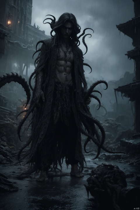 Lovecraftian cthulhu with eldritch tentacles, tribal primal style, ominous atmosphere, dark and foreboding, intricate details, highres, tribal, lovecraft, eldritch, tentacles, foreboding, detailed, atmospheric, dark, eerie, primal, menacing, mysterious, surreal, haunting, ancient, supernatural,