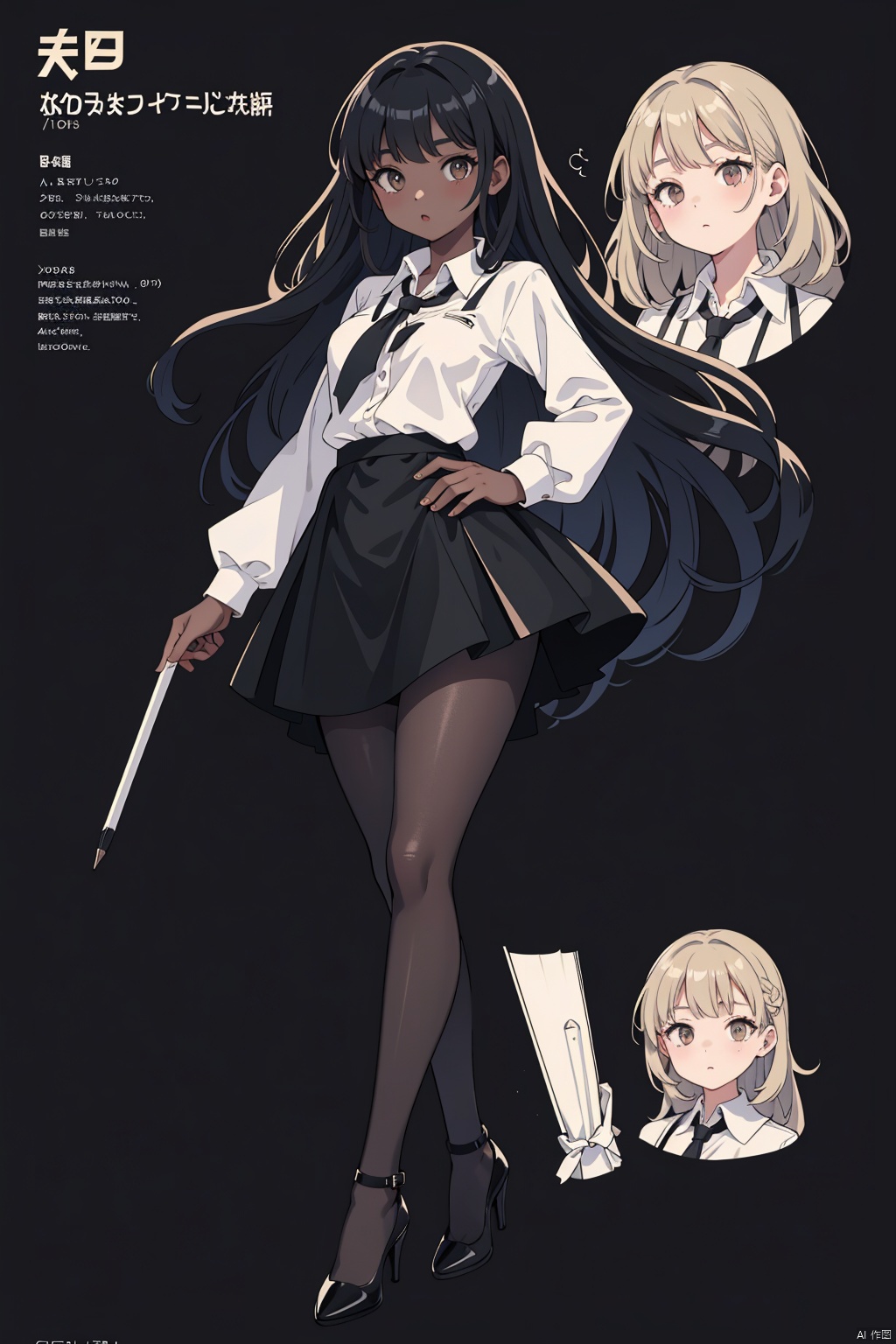  masterpiece, best quality, official art, model sheet, concept art, Large aperture, blurry background,(Perfect female body:1.2),(dark theme:1.3),(natural Skin texture, high clarity) ,
1girl, solo, fullbody, long hair, skirt, black hair, standing, pantyhose, pencil skirt, high heels,pencil_skirt,high_heels,handbag
 ,g008,,, g009,