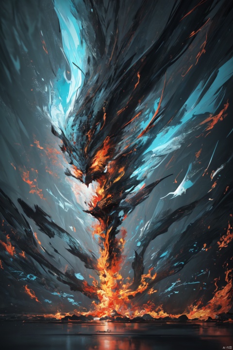 (8k, RAW photo, highest quality),hyperrealist,intricate abstract,intricate artwork,abstract style,striking portrait,menacing,otherworldly creature,[demon:darkness:35],[flames:magma:40],with swirling flames cascading from its body,fearsome power and ethereal presence,non-representational,colors and shapes,expression of feelings,imaginative,highly detailed,extremely high-resolution details,photographic,realism pushed to extreme,fine texture,4k,ultra-detailed,high quality,high contrast,