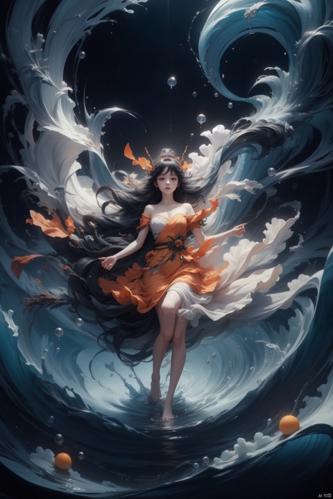 orange theme,Impressionism,focus on light and movement,1girl form where the full  body flows into water,with limbs becoming waves or droplets,inverted image,by tsubonari,by demizu posuka,(loli:1.5),(5yo:1.5),(very_long_hair,:1.3),