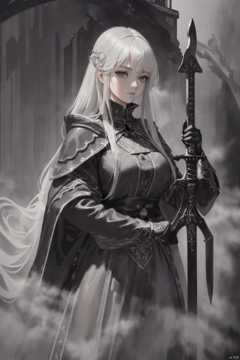 ((best quality)), ((masterpiece)), ((ultra-detailed)), (illustration), (detailed light), (an extremely delicate and beautiful),((a beautiful girl:1.35)),((cowboy shot)),standding,
1girl,long white hair,Silver Eyes,((dark:1.3) fog adorns aroundl detailed Grey cloak)
(she carry
(black_(fog:1.1) embedded in the (black:1.1) Heavy Sword:1.3),
Negative space,background detailed, peeing