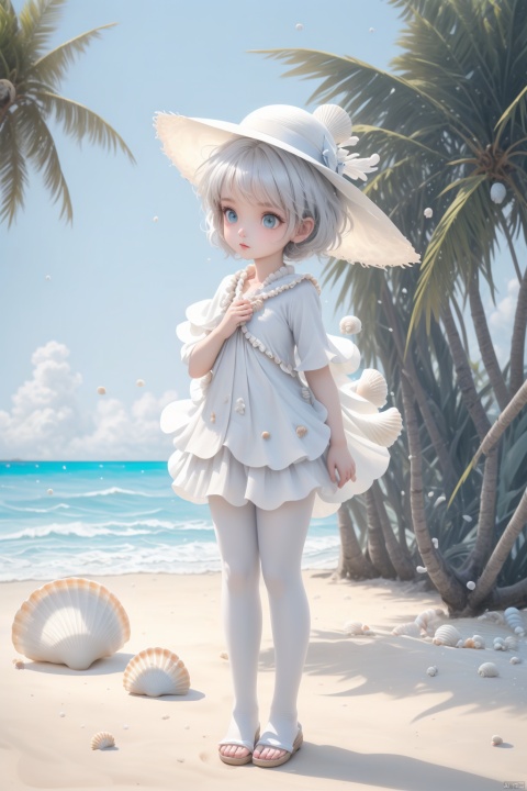  (masterpiece), (best quality), Exquisite visuals, high-definition, (ultra detailed), finely detail, ((solo)), (white Silver hair), (gradient Blue), (beautiful detailed eyes), Kawai, loveliness,standing, ((full body)),
a shell with short white hair, anthropomorphic shells, wearing a white shell outfit . (((Shell clothes：1.8, and hats))).
The environment is next to the beach, with coconut trees and many seashells on the beach
, bk-hd