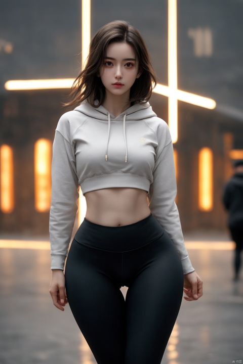  best quality, masterpiece, wearing leggings and a crop top hoodie, cameltoe, (thigh thigh gap 1.1), slim, petite, detailed facial features, detailed, symmetry, cinematic lighting, cameltoe, jujingyi, molika, yunv