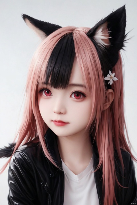1girl, animal_ears, red_eyes, solo, v, tail, smile, multicolored_hair, red_hair, hair_ornament, jacket, fox_ears, looking_at_viewer, two-tone_background, black_jacket, streaked_hair, animal_ear_fluff, fox_girl, blush, fox_tail, x_hair_ornament, upper_body, short_hair, white_shirt, hairclip, shirt