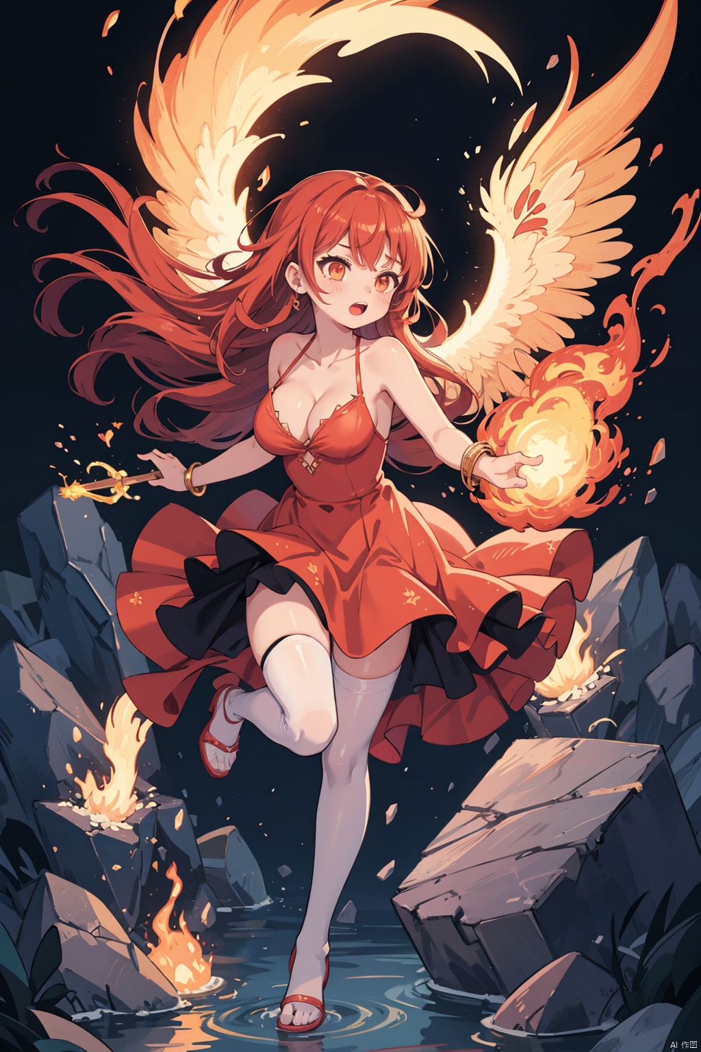 1girl, bracelet, breasts, breathing_fire, burning, cleavage, dress, explosion, fiery_hair, fiery_wings, fire, flame, flaming_sword, flaming_weapon, full_body, jewelry, long_hair, magic, molten_rock, open_mouth, orange_eyes, phoenix, pyrokinesis, red_dress, red_eyes, red_hair, tail-tip_fire, thighhighs, torch, white_legwear