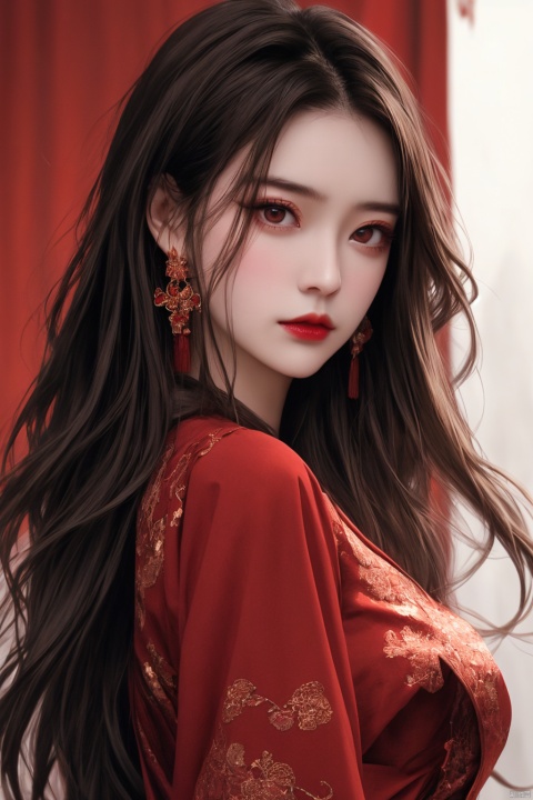 1girl, solo, long hair, looking at viewer, brown hair, black hair, dress, brown eyes, jewelry, closed mouth, upper body, earrings, hand up, makeup, chinese clothes, red dress, portrait, red lips, red theme