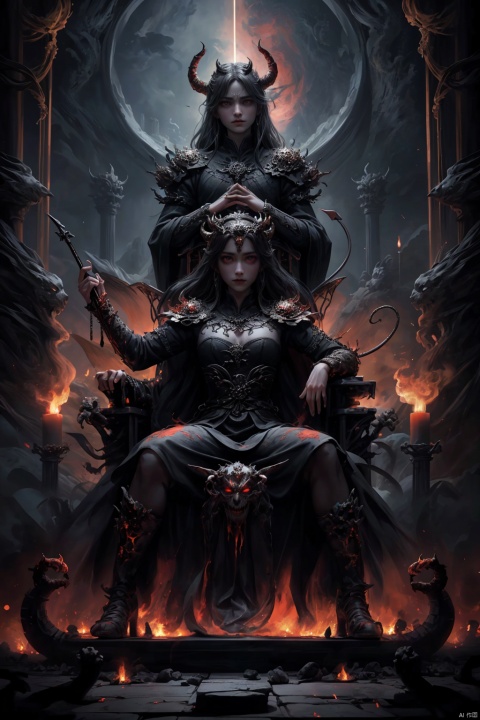  Imagine a scene where the demons, having conquered heaven, now sit upon thrones of bone and flesh, ruling over their new domain with an iron fist. The colors are dark and oppressive, with the once bright and vibrant landscape of heaven now twisted and corrupted by demonic influence.