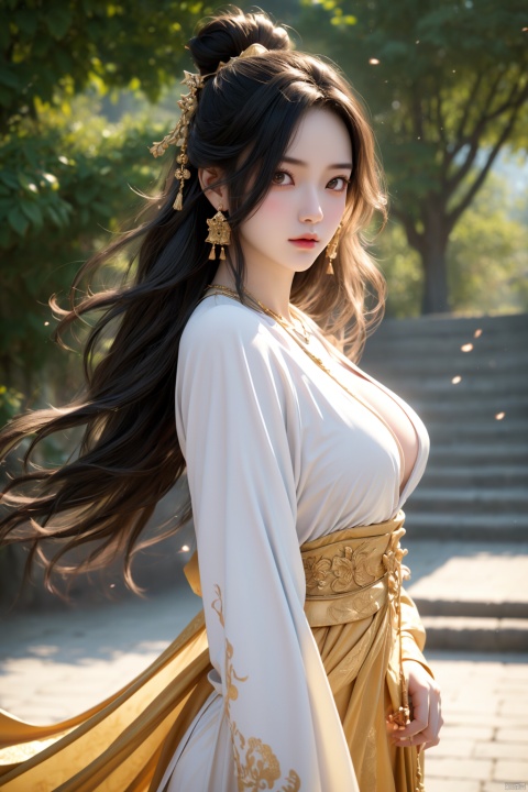 (best quality,masterpiece, original, extremely detailed 8K wallpaper)((absurdres)),(ultra-detailed),East Hanfu girl, voluptuous figure, golden earrings, golden necklace, photo style, clear details, wooden background, complete tags, happy sunshine, stylish, clothing., girl, zanhua, HUBG_Rococo_Style(loanword)