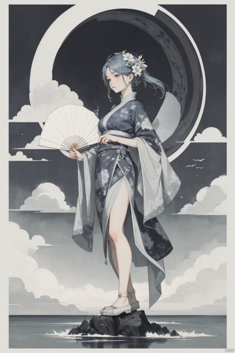 a cartoon character with a blue hair and a flower in her hair, standing on a cloud with a sky background, Fan Qi, ocean, a silk screen, art nouveau