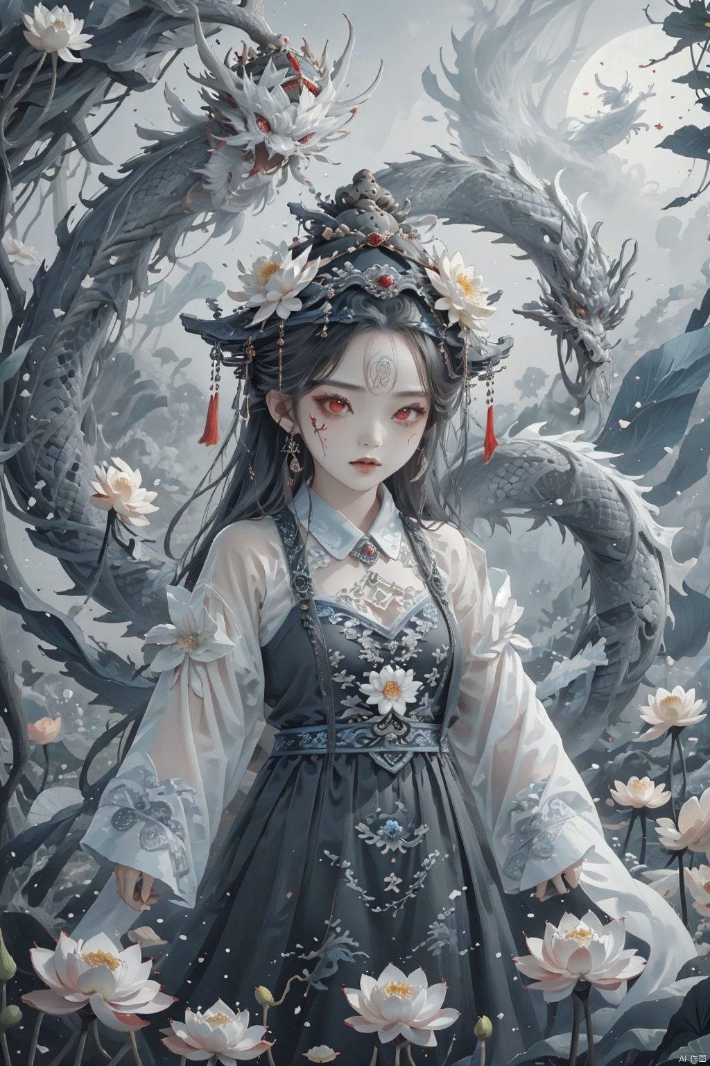  ((masterpiece)),((best quality)),8k,high detailed,ultra-detailed,upper body,((huangfu paper)),1girl,jiangshigirl costume,huangfu,(blood-red eyes)),painted face,with glowing eyes,floats above a field of lotus flowers. The surreal scene blends elements of traditional folklore with a fantastical dreamscape,creating an otherworldly and serene ambiance. ((floating:1.2)),(dreamlike),(lotus field),Unreal Engine rendering,exploring the intersection of dreams and the supernatural, qiuyinong, drakan_longdress_dragon crown_headdress, qzcnhorror