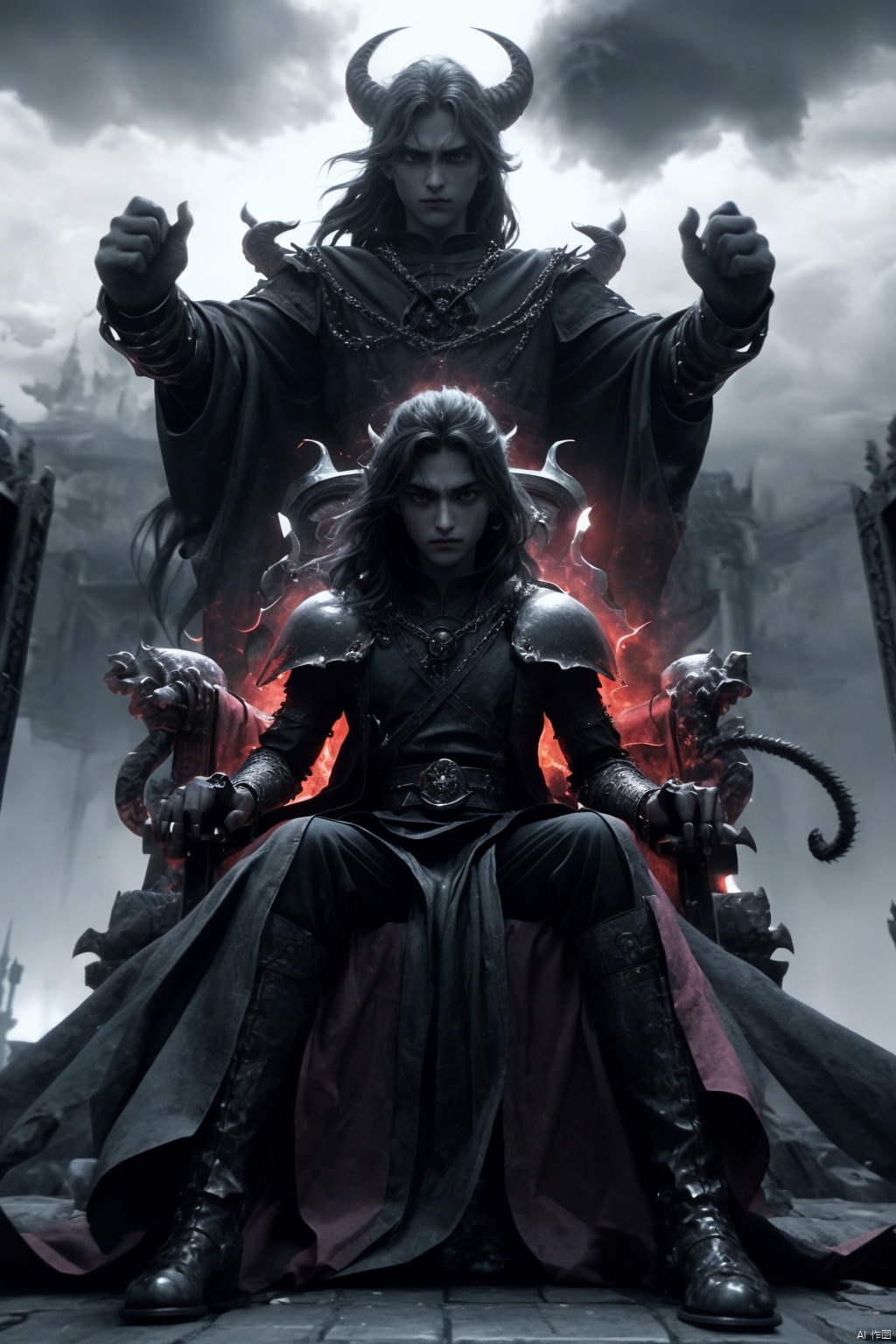  Imagine a scene where the demons, having conquered heaven, now sit upon thrones of bone and flesh, ruling over their new domain with an iron fist. The colors are dark and oppressive, with the once bright and vibrant landscape of heaven now twisted and corrupted by demonic influence.