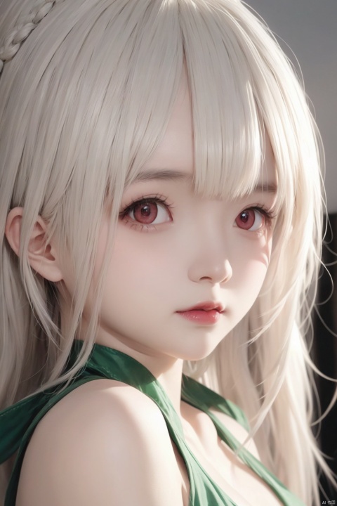 blunt bangs,masterpiece,best quality,best illustration,ultra-detailed,upper body,solo,1 girl,looking at viewer,upright,arms at sides,beautiful detailed eyes,concept art,white background,simple background,white hair,green gradient hair,expressionless,blush,virtual youtuber,short hair,blonde hair,monkren,2.5D,