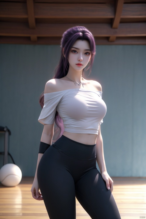  Best quality, masterpiece, 8K, long purple hair, (Viewer 1.5), (2 girls face to face: 1.5), 2 girls standing chest to chest, (Tight off-the-shoulder T-shirt: 1.2), yoga pants, sports shoes, yoga studio, whole body, (big breasts: 1), (taken from below: 1.2).