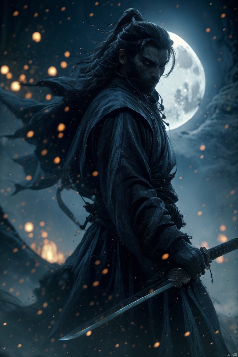  Cat assassin, solo, watching the audience, holding a glass of red wine in one hand and a sword in the other, with fierce eyes, motionless looking at each other, weapons, swords, weapons, beards, dark night and desolate moon, the picture is integrated into a lonely element., Xiuxian Sect, Super perspective, sdmai, GMajic