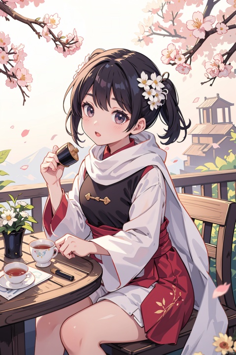  1girl,Chinese dress, table, scarf, wind, tea cup, flower branch,