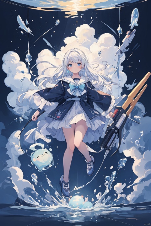  (masterpiece), (best quality), illustration, ultra detailed, hdr, Depth of field, (colorful), parameters (Highest picture quality), (Master's work), bubble, fantastic, girl in star, full body, water surface, the water stretches as far as the eye can see. 1girl, white hair, long hair, bangs, blue eyes, aurora, cloud, cloudy_sky,, tqj-hd, circuitboard, mechanical,Mecha, BJ_Gundam_SDXL, holographic