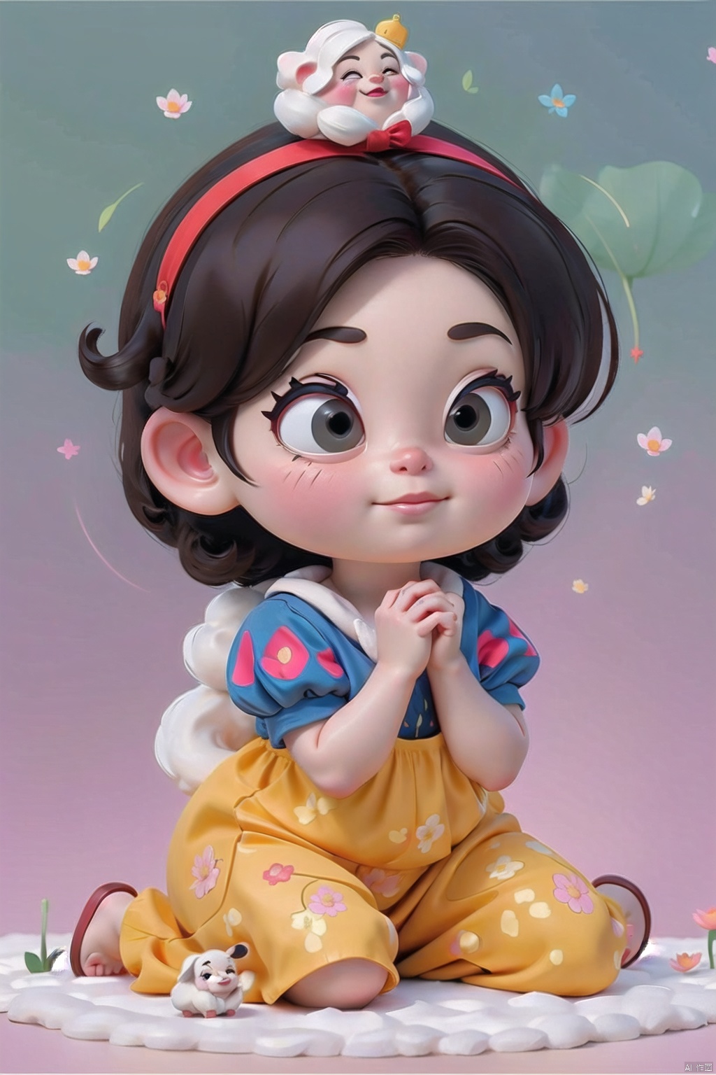 Solid color background, vector illustration, cartoon avatar, super seated cute snow white with red bow hairpin on her head, sitting on a lotus flower, eyes closed, hands folded to make a wish, minimalist thick lines, stick figures, lines puppy style