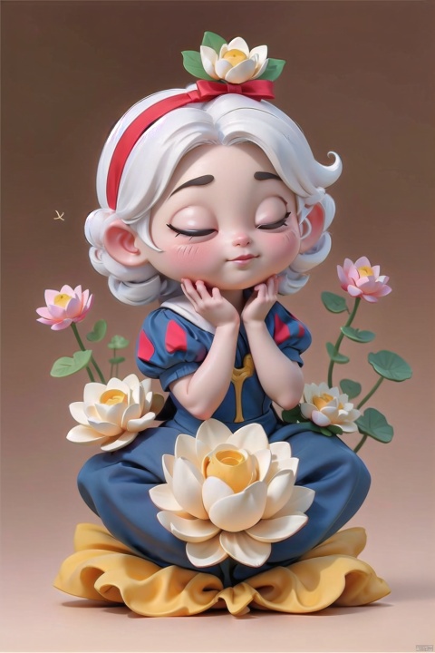 Solid color background, vector illustration, cartoon avatar, super sitting cute snow white with red bow hairpin on her head, sitting on a lotus flower, lightly closed eyes, hands folded to make a wish, minimalist thick lines, stick figures, lines puppy style