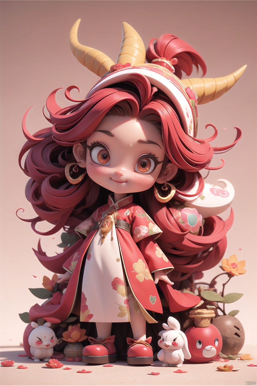  Clean background, cute animal figure, skin tone face, red body and hair, yellow head horns, white hat edges, hair texture 3D, masterpiece, top quality, best quality, cute, extreme detail, colorful, top detail, full body, blind box, illustration, (long yun heng tong), red hair, red body, yellow feet, don't contain black