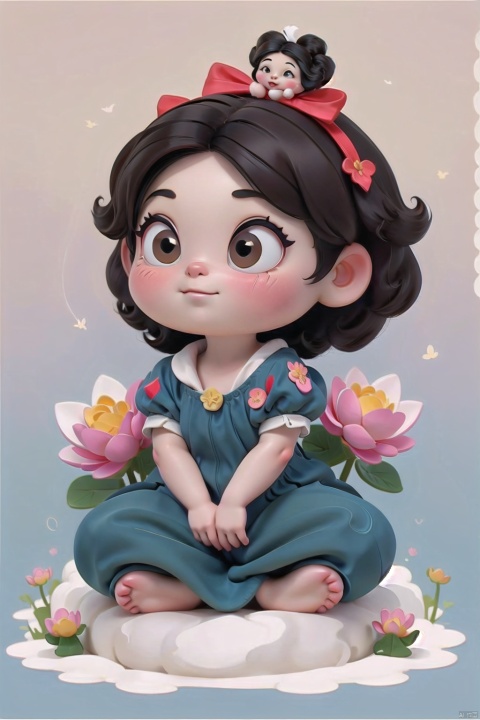 Light color background, vector illustration, cartoon avatar, super seated cute snow white with red bow hairpin on her head, sitting on a lotus flower, good luck lotus wish, minimalist thick lines, stick figures, lines puppy style