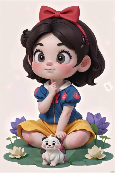 Light background, flat picture, cartoon avatar, super sitting cute Snow White with a red bow hairpin on her head, sitting on a lotus, good luck lotus wish, minimalist thick lines, stick figures, lines puppy style