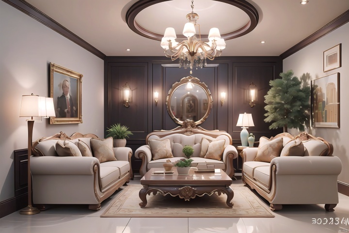  3d,Brown sofa,coffee table,matte marble floor,grey carpet,vase,wooden wall cabinet,mural,single sofa,dining table,tableware,decorations,sunlight,floor-to-ceiling Windows,Light luxury and simple style,strong sense of reality,rich detail,masterpiece,ultra clear quality,