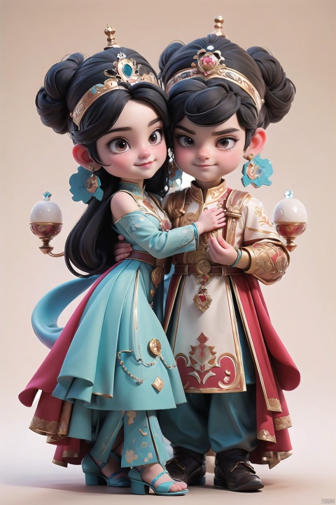  Masterpiece, Best Picture Quality, A hansom  Boy and a Beautiful Girl,Two independent and complete individuals, Embracing Couple in Couple Dress, Happy Expression, Crystal Texture, Exaggerated Actions,Uniform color tone,  Eighth Degree Rendering, Blue Dress, Black Hair, Outdoor, Popular Supermarket, Full Body, Simple Background