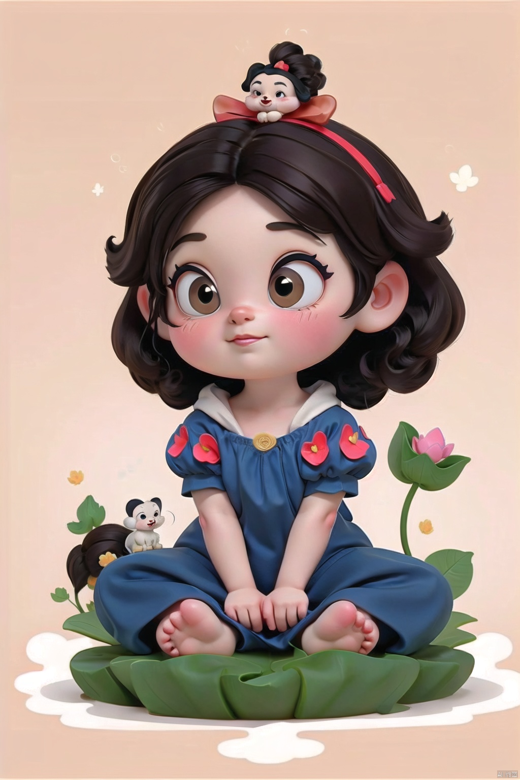Light background, flat picture, cartoon avatar, super seated cute Snow White with a red bow hairpin on her head, sitting on a lotus flower, good luck lotus wish, minimalist thick lines, stick figures, lines puppy style