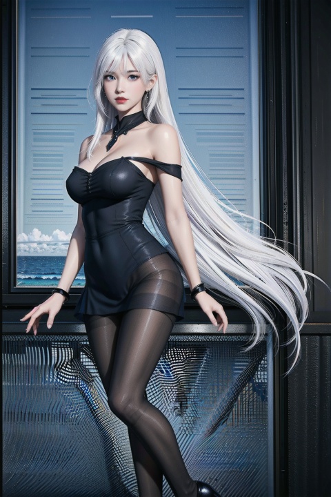 1 girl, solo, white hair, blue eyes, dress, hair decoration, wig, Long hair, jewelry, looking at the audience, bracelet, Black skirt, bangs, ((1 girl)), (big bust), bust photo, female solo, Depth of Field, Dark earrings, Blue Jewelry, off-the-shoulder shirt, (black sheath dress), (black pantyhose:1.4), (white silk), white hair, High heels, (fidelity :1.3, realistic), highly detailed CG unified 8K wallpaper, ((directly from front)), (HQ skin :1.3, smooth skin), 8K Ultra HD, SLR, soft lighting, high quality, film grainy, Fujifilm XT3, (Professional lighting), namomogonbay, Red lips, (long shot:0.8), (丰富的背景)Outdoor, moonlight, ocean, the real environment
