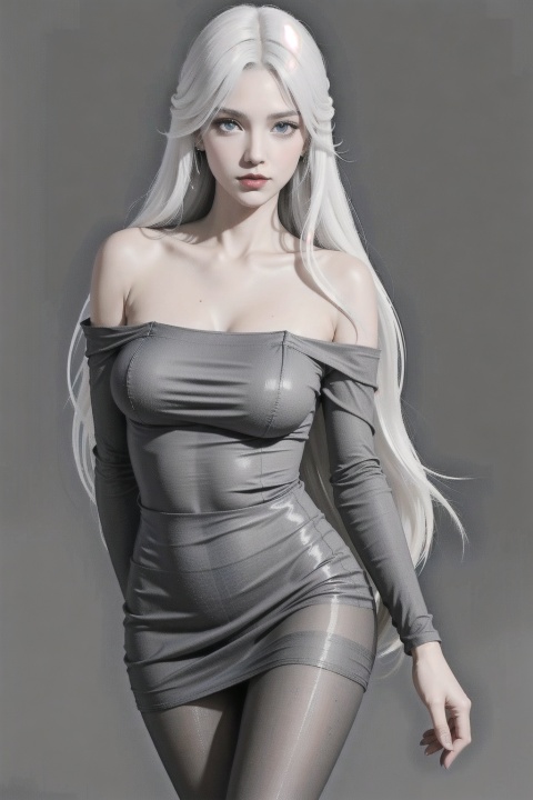 1 girl, solo, white hair, blue eyes, dress, hair decoration, wig, Long hair, jewelry, looking at the audience, bracelet, Black skirt, bangs, ((1 girl)), (big bust), bust photo, female solo, Depth of Field, Dark earrings, Blue Jewelry, off-the-shoulder shirt, (black sheath dress), (grey pantyhose:1.4), (white silk), (white long hair:1.4), High heels, (fidelity :1.3, realistic), highly detailed CG unified 8K wallpaper, ((directly from front)), (HQ skin :1.3, smooth skin), 8K Ultra HD, SLR, soft lighting, high quality, film grainy, Fujifilm XT3, (Professional lighting), namomogonbay, Red lips, (long shot:0.8), (Rich background),Outdoor, moonlight, ocean, the real environment