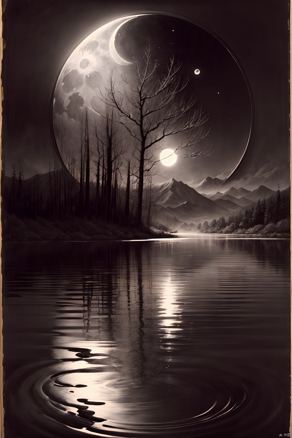 moonlight on tranquil lake, traditional chinese ink painting, (sumi-e:1.5), autumn night, silver moon, serene waters, (mirror-like lake surface:1.3), ripples suppressed, ink wash technique, (calm and still:1.2), distant mountains, silhouetted, reflected in the lake, (artist's perspective:1.1), hanging scroll format, delicate brushwork, (scholarly retreat:1.4), reeds at the water's edge, dewy mist, poetic ambiance, (ink play to depict moonlight:1.5), ancient pine trees, subtle gradations of black and white, capturing the essence of tranquility, (celestial harmony:1.6)